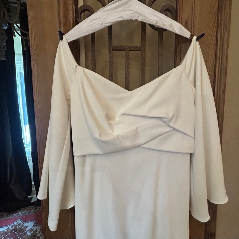 Badgley Mischka Cream Off-Shoulder Draped Gown